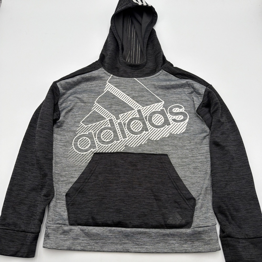 Adidas Hoodie Youth M 10/12 Black Grey Big Graphic Tech Performance Sportswear
